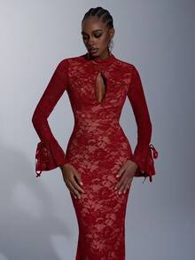 Elitara 优雅酒红色蕾丝手工蝴蝶结装饰立领性感露背喇叭袖鱼尾拖尾连衣裙。适合派对、音乐节、正式场合、节日、假期、婚礼、晚宴、情人节等场合。 - 酒紅色 - 查看 4