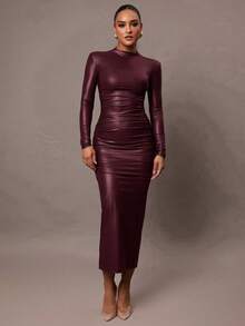 Silquee Women's Autumn And Winter Simple Daily Date Elegant Fashion Tight Sexy Solid Color Super Elastic PU Women's Big U-Neck Sleeveless Romantic Date Autumn And Winter Bottoming Dress Night Wear High Quality Garri Cloth, Shoulder Pad Design Full Of Aura, Solid Color Brown Mid-Length Slim Dress