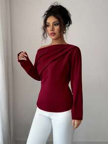 Elenzga Áo cánh dài tay xếp nếp lệch vai mới thu đông dành cho nữ - Màu Đỏ Sâu - Xem 4