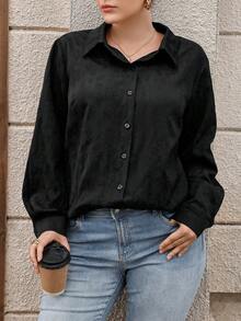 EMERY ROSE 大码女式梭织常规秋冬休闲舒适约会夜压花黑色长袖衬衫 - 黑色 - 查看 7