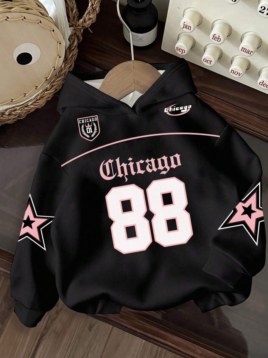 SHEIN EZwear 女士秋装/女士冬装/Y2K风格服装/街头服饰/返校季/休闲街头风/嘻哈风/女士休闲街头印花卫衣/嘻哈风/芝加哥23号图案 - 彩色 - 查看 1