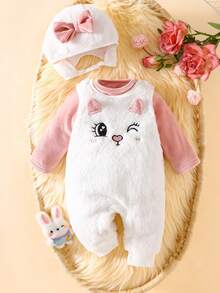 SHEIN 3pcs Newborn Baby Girl Autumn/Winter Outfit Set, Cute Cartoon Bib Jumpsuit & Jacket - Pink - View 2