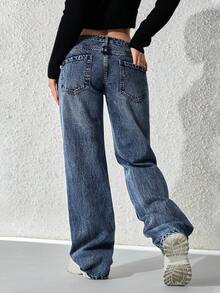 SHEIN ICON 女式休闲水洗低腰直筒牛仔裤 - 藍色 - 查看 2