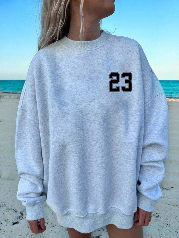 Veykashi Casual Minimalist Printed Pattern Loose Fit Thick Crew Neck Long Sleeve Hoodie Sweatshirt, Autumn/Winter