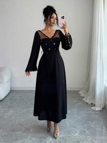 Yasmyna 女式优雅系腰 A 字连衣裙，带串珠网眼花卉蕾丝花边，长袖，黑色 - 黑色 - 查看 6