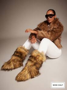 SHUZIA Women's Wide Calf Faux Fur Furry Fluffy Round Toe Winter Comfy Knee-High Boots - Camel - View 2