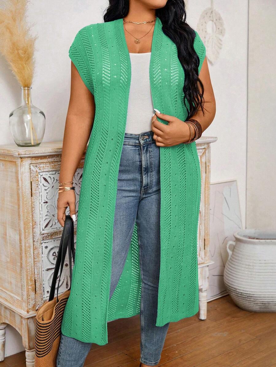 EMERY ROSE Plus Size Women Solid Color Cap Sleeve Hollow Design Long Knitted Cardigan - Green - View 1