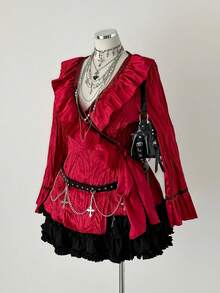 Sunspun Große Größen Satin Rüschen Saum Patchwork Langarm Hemd - Rot - Übersicht 8