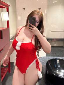 Vibekara Red Color Christmas Valentines New Year Party Solid Color Sexy Minimalist Spaghetti Strap Fuzzy Bodysuit - Red - View 3