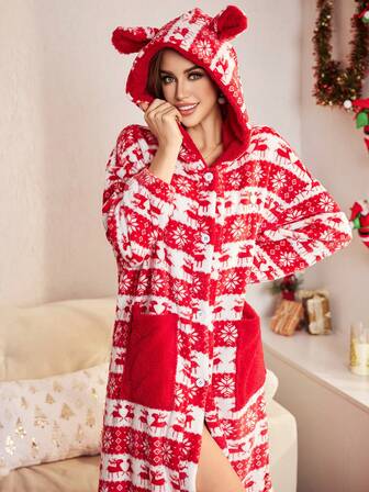 SHEIN Cute Deer & Christmas Element Print Fleece Robe With Front Button, Long Sleeve Women Sleepwear For Winter Winter Pajamas For Women Christmas Pj Christmas Clothes Homewear Women Bath Robes For Women