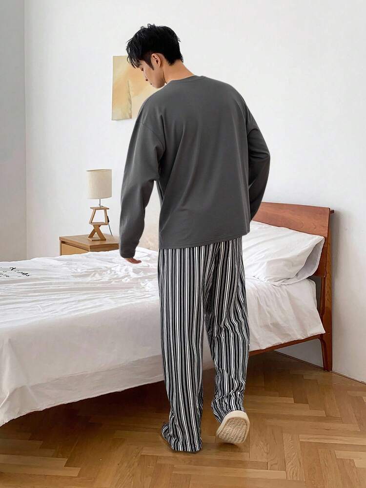 Men's Solid Color & Letter Print Design Top & Elastic Waist Striped Pants Pajama Set, Autumn, Fall & Winter Clothes