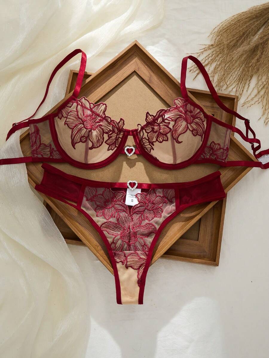 2件套女士优雅性感花卉刺绣网眼内衣套装 - 酒紅色 - 查看 1
