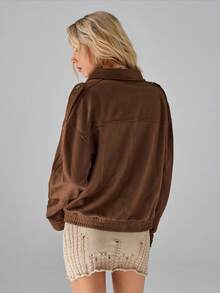 SHEIN TRNDY 1 件女式棕色夹克，休闲拉链前口袋长袖宽松版型，百搭秋冬 - 棕色 - 查看 2