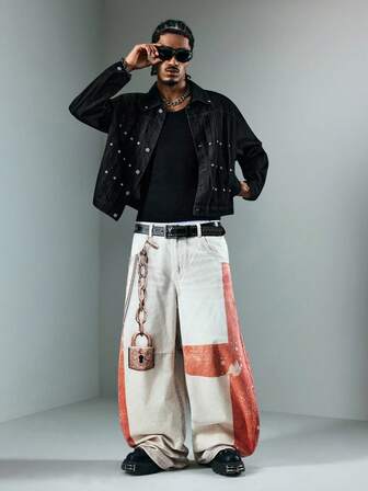 Street Life Jeans en denim casual à imprimé numérique et coupe cintrée pour hommes