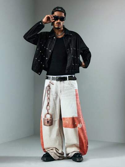 Street Life Jeans de mezclilla casual con estampado digital y corte curvo para hombres