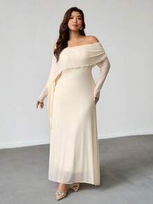 Firerie Plus Size Women Elegant Casual Vacation Date Party Afternoon Tea Graceful Fashionable Ruched Off Shoulder Cape Asymmetrical Hem Sheer Elastic Long Sleeve Dress Summer Spring - Apricot - View 5