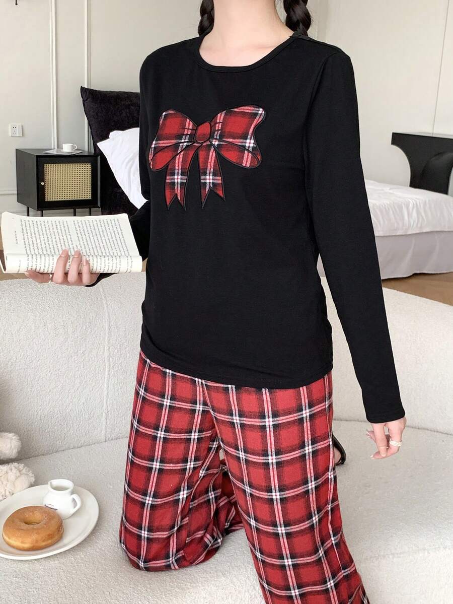 青少年女孩2件組睡衣套裝,紅色,秋季,可愛,家庭款黑色長袖格紋刺繡蝴蝶結上衣與寬鬆長褲,休閒居家服 - 彩色 - 查看 1