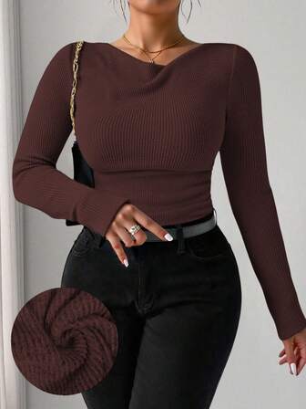 Elenzga RosyDaze Women Plus Size Vintage Asymmetric Draped Collar Textured Ruffle Trim Fitted Long Sleeve Top