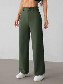 SHEIN PETITE Quần ống suông dáng suông đơn sắc cài nút eo cho nữ - xanh quân đội - Xem 7