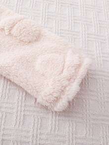 2件套少女可爱简约舒适针织圆领蓬松粉色长袖上衣和裤子睡衣套装带蝴蝶结图案 - 杏色 - 查看 3