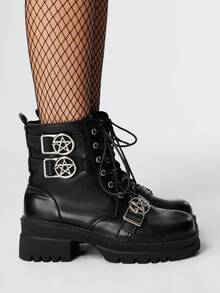 ROMWE Grunge Punk 女式深色哥特式/朋克系带星星装饰厚底粗跟踝靴，Y2K 派对礼服靴配腰带扣，2025 骑士靴适合所有季节，万圣节