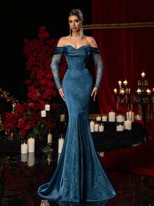 Glamrae Elegant Blue Lace Fabric Satin Patchwork Mermaid Dress,Off Shoulder Long Sleeve Boned Bra Cup Formal Gala Wedding Event Birthday Party Gown With Train - Lake Blue - View 2