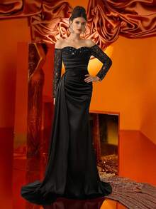 Coutiva 优雅奢华的串珠亮片网眼拼布大腿高开衩荷叶边美人鱼裙，适合婚礼、单身派对、度假、庆典、正式活动（装饰版）、毕业典礼， - 黑色 - 查看 8