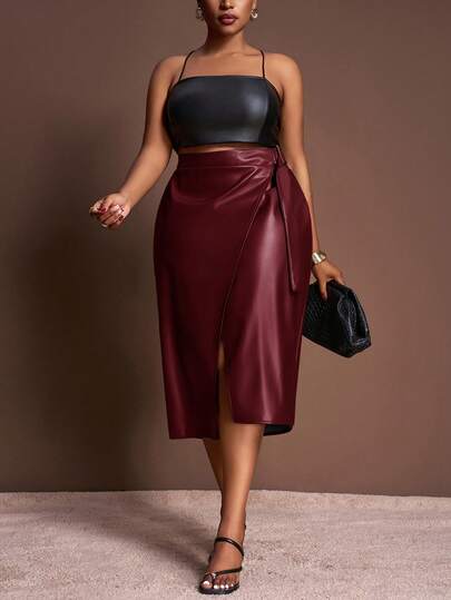 Veslaya Nuevo lanzamiento de otoño/invierno 2025 Elegante estilo vintage romántico casual clásico retro para mujeres, Falda de PU con decoración metálica sexy de unicolor, Talla grande Fondo/Navidad