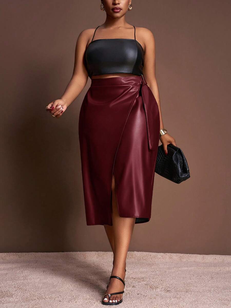 Veslaya 2025 Thu/Đông Hàng mới về Phong cách Mỹ gốc Phi Thanh lịch Cổ điển Lãng mạn Thường ngày Cổ điển Phong cách Retro dành cho nữ Trang phục công sở, Váy PU trang trí kim loại màu trơn gợi cảm, Quần cỡ lớn/Giáng sinh - Màu Đỏ Sâu - Xem 1