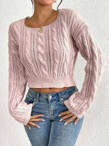SHEIN LUNE Casual Solid Color Square Neck Cropped Sweater, Autumn - Dusty Pink - View 6