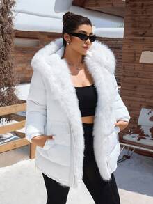 SHEIN EZwear 大码女式厚棉大衣，毛领收腰，长款，优雅大方，秋冬 - 白色 - 查看 8