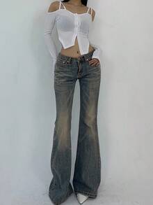 Dazy Tall 女式口袋装饰低腰修身喇叭裤 - 淺色水洗藍 - 查看 5