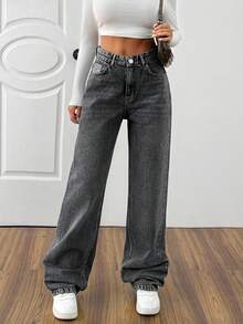 HIGH WAIST CASUAL STYLE DENIM STRAIGHT - Dark Grey - View 6