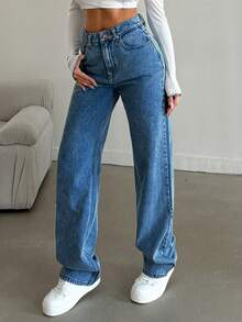 EURMUSE 100%纯棉直筒牛仔裤 雪花洗 - 中等水洗藍 - 查看 6