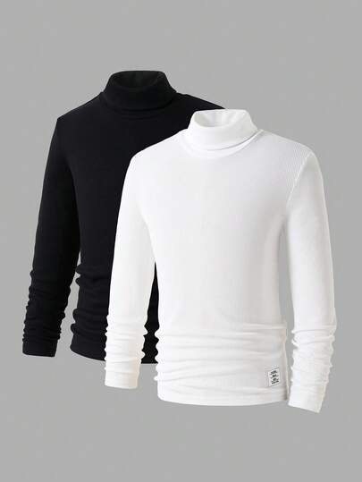Tween Boys 休闲梭织标签立领套头衫长袖针织保暖高领 T 恤多件装，一件黑白，两件装适合通勤上学，日常休闲旅行，适合运动和度假旅行，适合运动，适合春秋冬，可作为内层或外层穿着