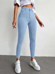 EURMUSE 96% Cotton High Waist Skinny Cropped Jeans - Baby Blue - View 3