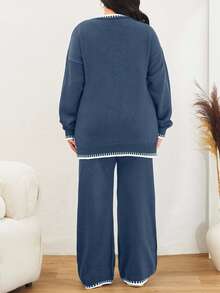 EURMUSE Color Block Edged Long Sleeve Sweater And Knitted Pants Two Pieces Set - Cadet Blue - View 2
