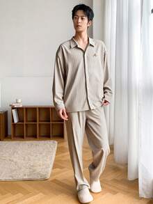 DAZY Men's Autumn Letter Embroidered Shirt And Striped Apricot Loungewear Set, Fall & Winter Clothes