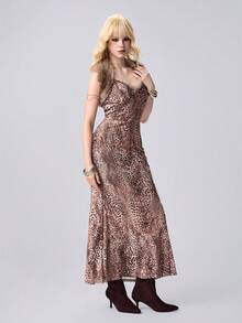 ROMWE Grunge Punk Y2K Sexy Leopard Print Mesh Mermaid Maxi Dress (Includes Furry Shrug)