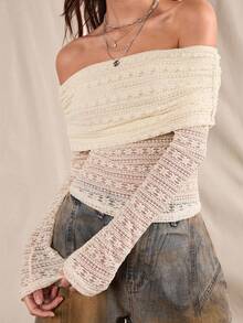 Easelle Vintage Boho Sexy Casual Off-Shoulder Fitted Sexy Elegant Flare Sleeve Women Top Lace Old Money - Apricot - View 5