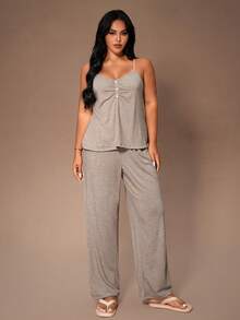 Lazeform Plus Size Solid Color V-Neck Button Decor Casual Knit Robe & Camisole Top & Pants 3 Pieces Pajama Set, Cozy Set, Winter Clothes - Grey - View 6