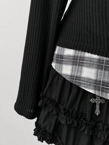Sunspun Fall Autumn And Winter Plus Size Women Brushed Ribbed Plaid Patchwork Slim Fit Casual Commuter Top - Black - View 6
