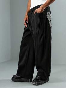 ROMWE MEN Goth Herren einfarbige Hosen mit Kordelzug in der Taille, Taschen und weitem, locker fallendem Bein, Haremshose für Lässig-Looks - Schwarz und Weiss - Übersicht 4