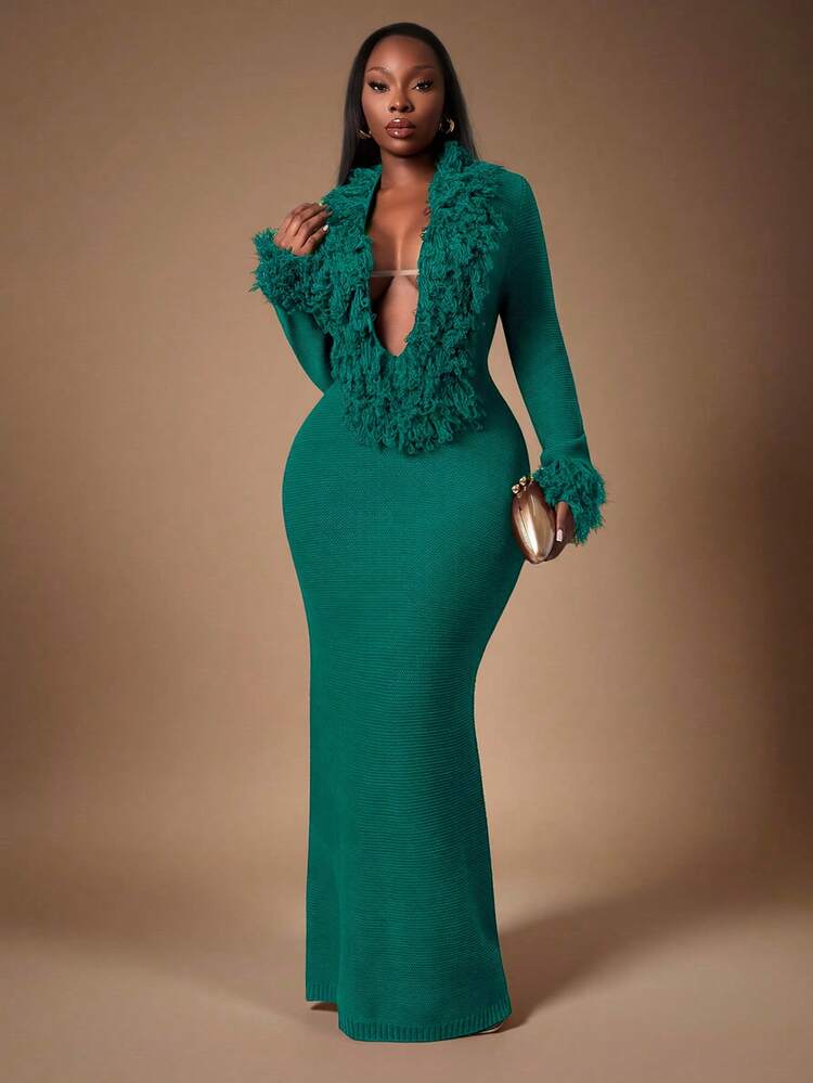 Radiana Plus Size Fashionable Sexy Fringe Decor Deep V-Neck Extra Long Knit Dress In Fall/Winter - Teal Blue - View 4