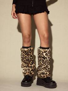 Goth Women Leopard Print Fluffy Leg Warmers - Multicolor - View 4