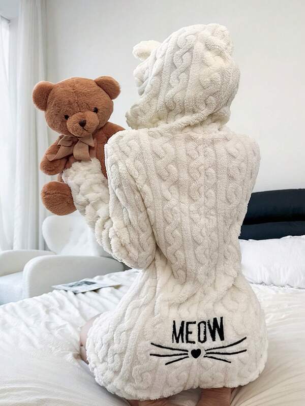 SHEIN Cozy Animal Hooded Cat Whisker Embroidery Plush Pajamas Jumpsuit