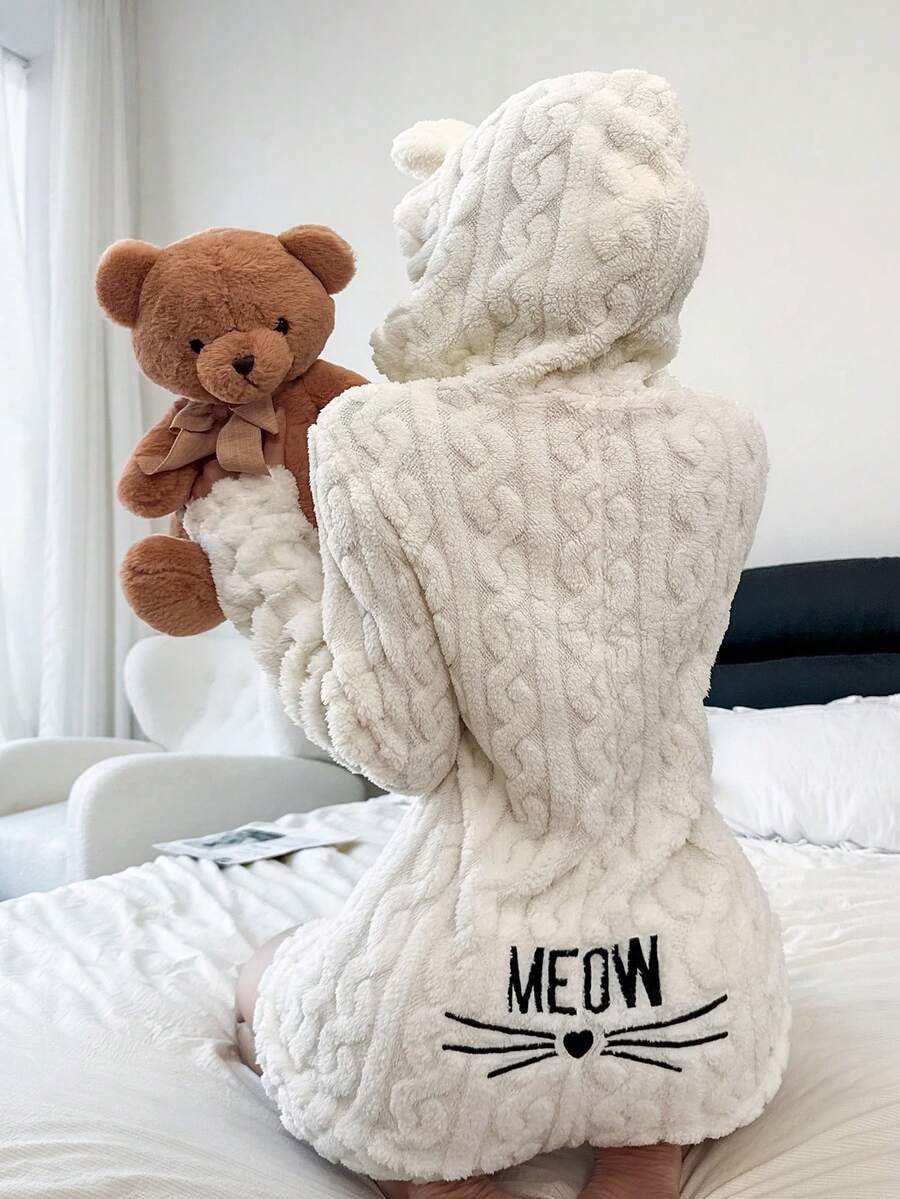 SHEIN Cozy Animal Hooded Cat Whisker Embroidery Plush Fluffy Winter Pajamas Jumpsuit - White - View 1