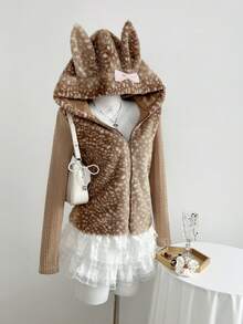 Elamini 1 pieza Chaqueta casual de mujer con decoración de flores, ciervos y lazos, forro de piel sintética, cierre con cremallera, adecuada para Navidad, fiesta de Año Nuevo, multicolor, otoño/invierno - Multicolor - Ver 3