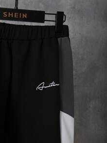 SHEIN 2pcs/Set Teenage Boys Contrast Color Casual Loose Hooded Sweatshirt Sweatshirt + Contrast Color Casual Sweatpants, Fleece, Thickened