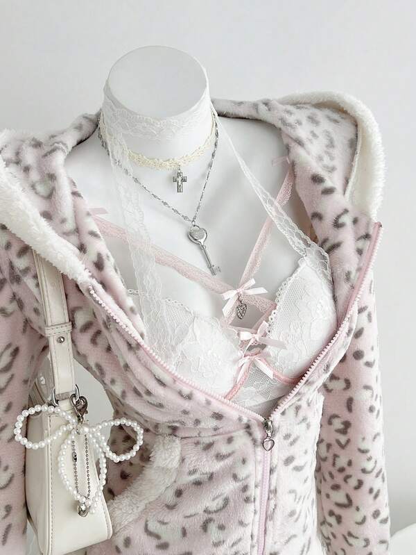 Elamini Sudadera con capucha con cremallera y forro térmico con bloques de color y estampado de leopardo, suave y ajustada, para mujer, para otoño/invierno, para volver al colegio y para estar en casa